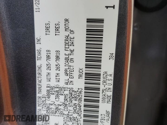 2023 Toyota Tundra SR5 with VIN 5TFLA5DA4PX065963, listed as a Copart auction lot 48775395 with 28,681 mi miles and Salvage title. Bid and sale history available at DreamBid. Image 15.