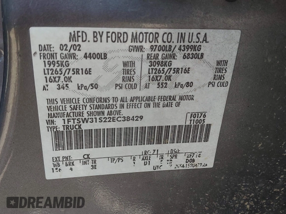 2002 Ford F-350 XL with VIN 1FTSW31S22EC38429, listed as a IAAI auction lot 42268182 with Not provided miles and . Bid and sale history available at DreamBid. Image 9.