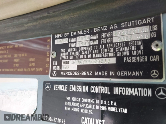 1985 Mercedes-Benz 380 z VIN WDBBA45C7FA020232, wystawiony jako IAAI lot #42206469 z przebiegiem 139 733 mil mil oraz . Historia ofert i sprzedaży dostępna na DreamBid. Obrazek 9.