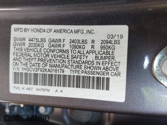 2019 Honda Accord Touring with VIN 1HGCV2F92KA016179, listed as a IAAI auction lot 41975156 with 101,674 mi miles and . Bid and sale history available at DreamBid. Image 9.