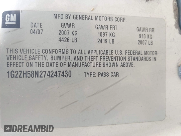 2007 Pontiac G6 GT с VIN 1G2ZH58N274247430, выставлен на аукционе IAAI как лот 41941760 с пробегом 179 262 миль миль и . История ставок и продаж доступна на DreamBid. Изображение 9.
