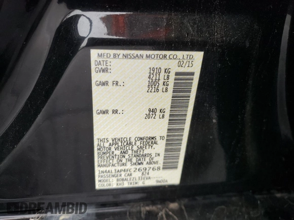 2015 Nissan Altima S with VIN 1N4AL3AP4FC269768, listed as a Copart auction lot 55473305 with 120,553 mi miles and Salvage Title. Bid and sale history available at DreamBid. Image 13.