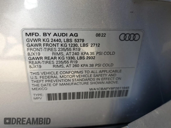 2023 Audi Q5 Prestige with VIN WA1CBAFY8P2011945, listed as a Copart auction lot 50163744 with 16,632 mi miles and Salvage Title. Bid and sale history available at carsss.com. Image 13.