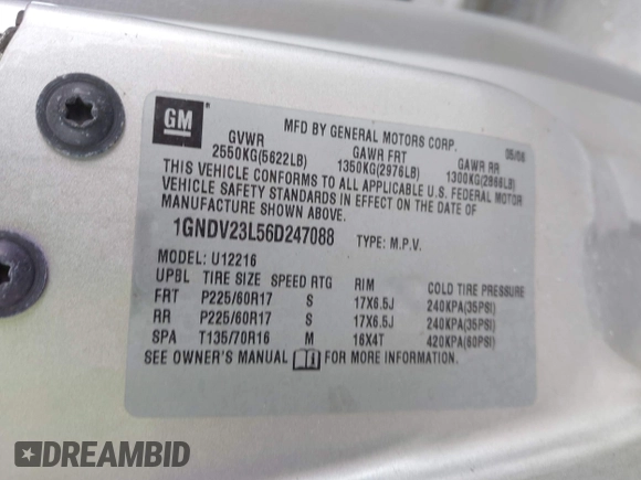 2006 Chevrolet Uplander LS Fleet with VIN 1GNDV23L56D247088, listed as a IAAI auction lot 42198587 with 177,903 mi miles and . Bid and sale history available at DreamBid. Image 9.