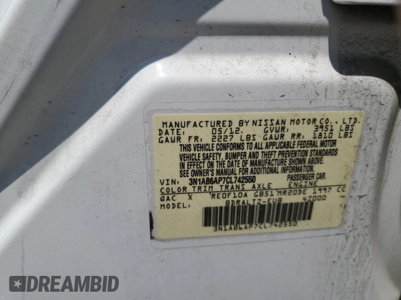 2012 Nissan Sentra SR with VIN 3N1AB6AP7CL742550, listed as a Copart auction lot 59290745 with 85,470 mi miles and Salvage title. Bid and sale history available at DreamBid. Image 12.