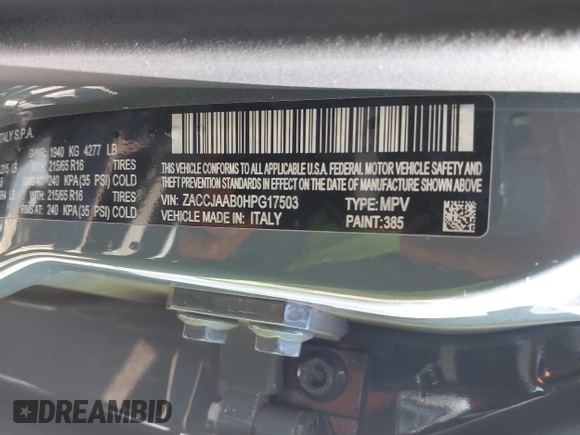 2017 Jeep Renegade Sport with VIN ZACCJAAB0HPG17503, listed as a IAAI auction lot 41968513 with 113,903 mi miles and . Bid and sale history available at DreamBid. Image 9.