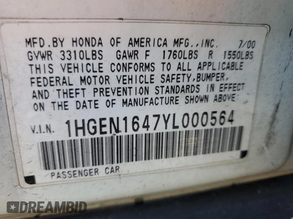 2000 Honda Civic z VIN 1HGEN1647YL000564, wystawiony jako Copart lot #45484615 z przebiegiem 122 506 mil mil oraz Szkoda całkowita • Salvage title. Historia ofert i sprzedaży dostępna na DreamBid. Obrazek 12.