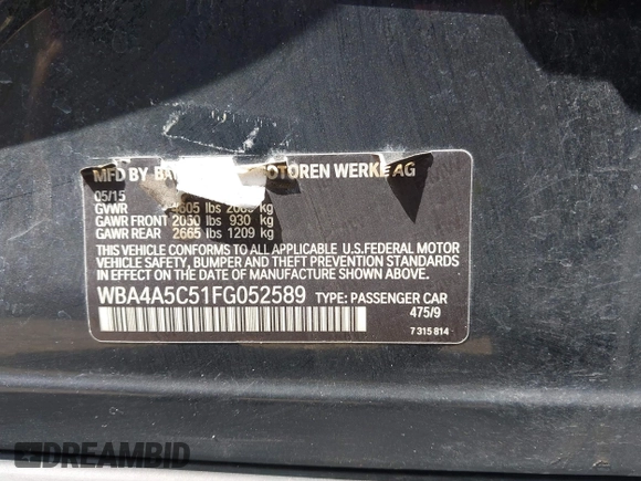 2015 BMW 4 Series 428i с VIN WBA4A5C51FG052589, выставлен на аукционе IAAI как лот 42354325 с пробегом Не указан миль и . История ставок и продаж доступна на DreamBid. Изображение 9.
