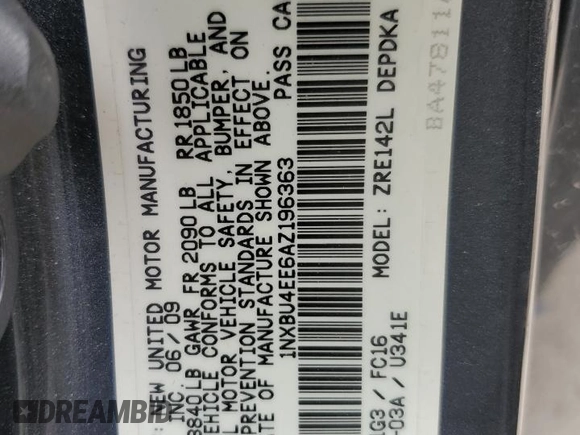2010 Toyota Corolla with VIN 1NXBU4EE6AZ196363, listed as a Copart auction lot 53488585 with 61,832 mi miles and Salvage Title. Bid and sale history available at DreamBid. Image 12.