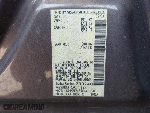 2015 Nissan Altima SL z VIN 1N4AL3AP0FC233740, wystawiony jako IAAI lot #42239684 z przebiegiem 111 970 mil mil oraz . Historia ofert i sprzedaży dostępna na DreamBid. Obrazek 9.