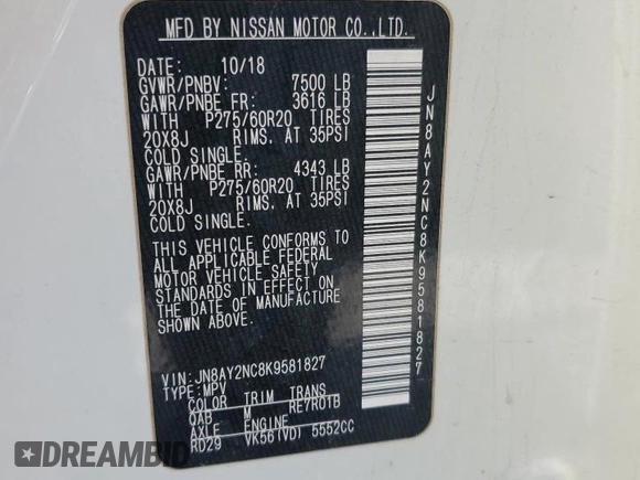 2019 Nissan Armada SV with VIN JN8AY2NC8K9581827, listed as a Copart auction lot 63227494 with 100,554 mi miles and Salvage Title. Bid and sale history available at carsss.com. Image 13.