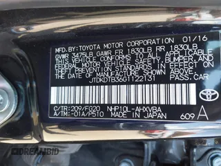 2016 Toyota Prius One with VIN JTDKDTB36G1122131, listed as a IAAI auction lot 42030173 with 82,862 mi miles and . Bid and sale history available at DreamBid. Image 9.