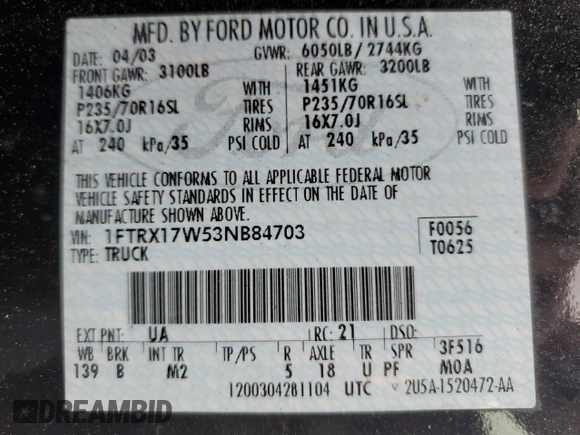 2003 Ford F-150 XL z VIN 1FTRX17W53NB84703, wystawiony jako Copart lot #51608895 z przebiegiem 291 806 mil mil oraz Szkoda całkowita • Salvage title. Historia ofert i sprzedaży dostępna na DreamBid. Obrazek 12.