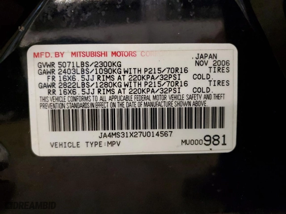 2007 Mitsubishi Outlander ES with VIN JA4MS31X27U014567, listed as a Copart auction lot 45527564 with 128,282 mi miles and Clean Title. Bid and sale history available at carsss.com. Image 12.