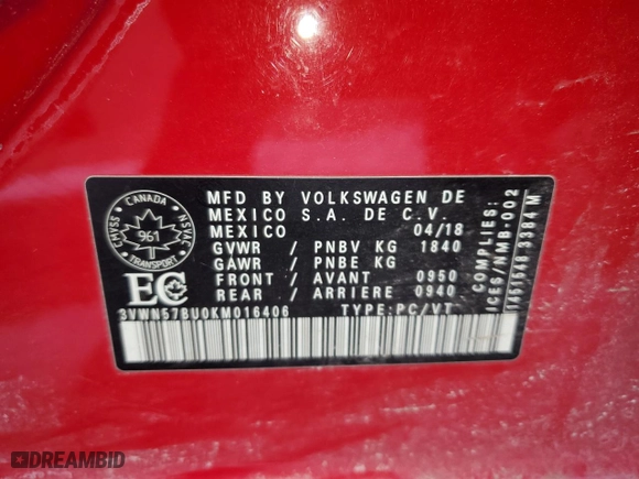 2019 Volkswagen Jetta S with VIN 3VWN57BU0KM016406, listed as a Copart auction lot 44333255 with 107,323 mi miles and Salvage Title. Bid and sale history available at carsss.com. Image 12.