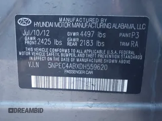 2013 Hyundai Sonata Limited with VIN 5NPEC4ABXDH559620, listed as a IAAI auction lot 41763430 with 120,330 mi miles and . Bid and sale history available at carsss.com. Image 9.