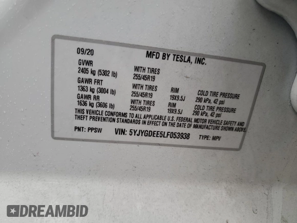 2020 Tesla Model Y Long Range with VIN 5YJYGDEE5LF053938, listed as a Copart auction lot 43381985 with 69,291 mi miles and Salvage Title. Bid and sale history available at DreamBid. Image 15.