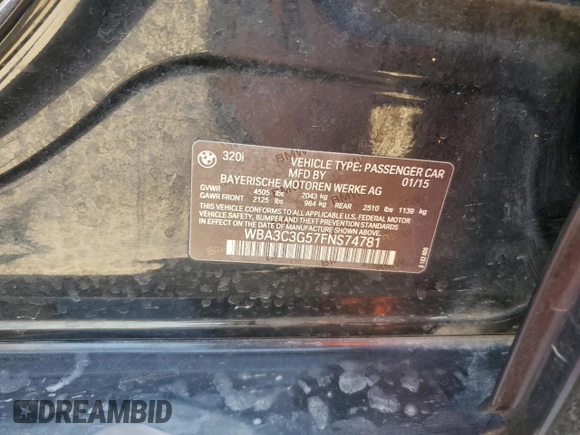 2015 BMW 3 Series 320i xDrive with VIN WBA3C3G57FNS74781, listed as a Copart auction lot 52324455 with 131,924 mi miles and Salvage title. Bid and sale history available at DreamBid. Image 12.