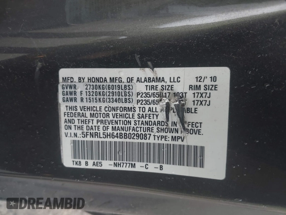 2011 Honda Odyssey EX-L with VIN 5FNRL5H64BB029087, listed as a IAAI auction lot 42508764 with 214,705 mi miles and . Bid and sale history available at DreamBid. Image 9.