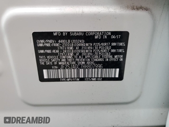 2017 Subaru Forester Premium with VIN JF2SJAGC7HH807996, listed as a Copart auction lot 48119313 with 62,479 mi miles. Bid and sale history available at carsss.com. Image 12.