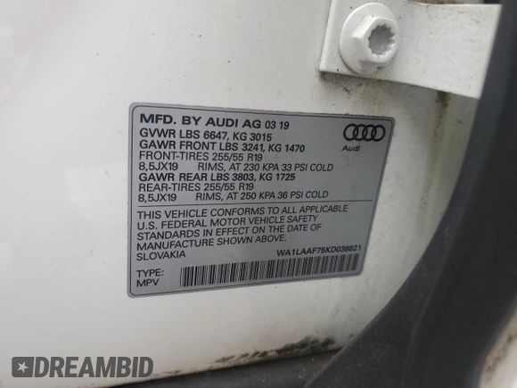 2019 Audi Q7 Premium Plus with VIN WA1LAAF75KD038821, listed as a Copart auction lot 59813665 with 61,889 mi miles and Salvage title. Bid and sale history available at DreamBid. Image 13.