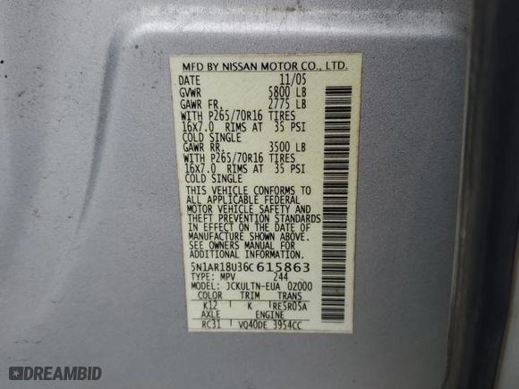 2006 Nissan Pathfinder SE with VIN 5N1AR18U36C615863, listed as a Copart auction lot 86129104 with 259,857 mi miles and Salvage Title. Bid and sale history available at carsss.com. Image 15.