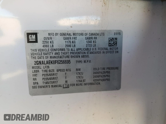 2015 Chevrolet Equinox LS with VIN 2GNALAEK8F6256695, listed as a Copart auction lot 87876095 with Not Provided miles and Salvage Title. Bid and sale history available at DreamBid. Image 13.