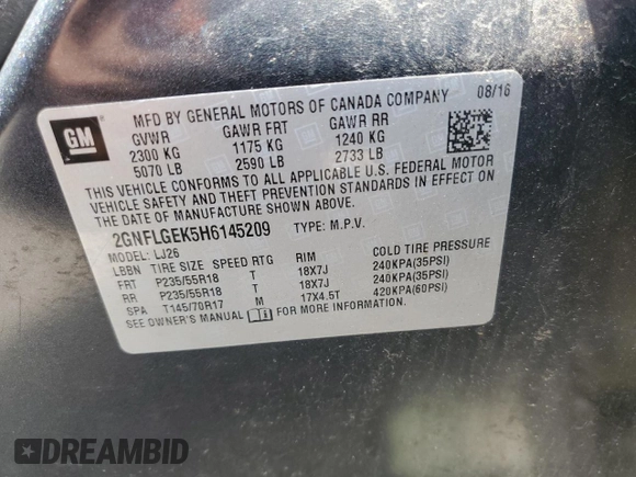 2017 Chevrolet Equinox Premier z VIN 2GNFLGEK5H6145209, wystawiony jako Copart lot #56056105 z przebiegiem Nie podano mil oraz Szkoda całkowita • Salvage title. Historia ofert i sprzedaży dostępna na DreamBid. Obrazek 13.