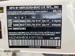 2014 Mercedes-Benz M 350 with VIN 4JGDA5HB3EA391966, listed as a Copart auction lot 60421605 with 130,874 mi miles and Salvage title. Bid and sale history available at DreamBid. Image 13.
