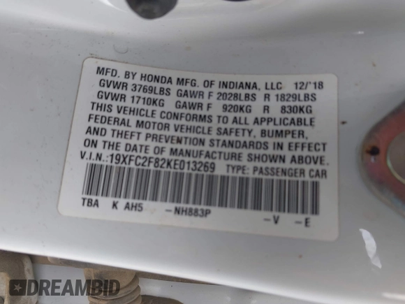 2019 Honda Civic Sport with VIN 19XFC2F82KE013269, listed as a IAAI auction lot 42118857 with 80,212 mi miles and . Bid and sale history available at DreamBid. Image 9.