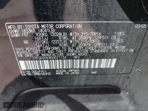 2005 Toyota RAV4 with VIN JTEGD20V450071134, listed as a IAAI auction lot 42109392 with 183,549 mi miles. Bid and sale history available at carsss.com. Image 9.