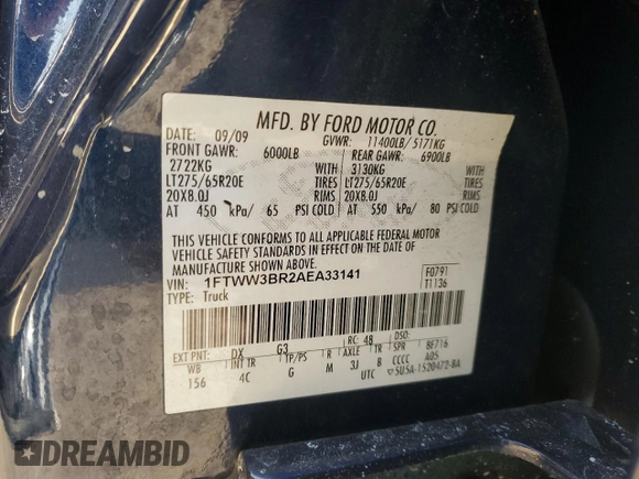 2010 Ford F-350 XL with VIN 1FTWW3BR2AEA33141, listed as a Copart auction lot 48184605 with 171,913 mi miles and Salvage title. Bid and sale history available at DreamBid. Image 12.