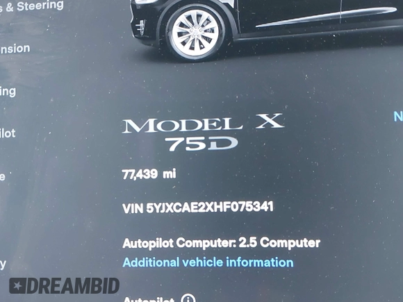 2017 Tesla Model X 90D with VIN 5YJXCAE2XHF075341, listed as a IAAI auction lot 41784008 with 77,439 mi miles and . Bid and sale history available at DreamBid. Image 16.