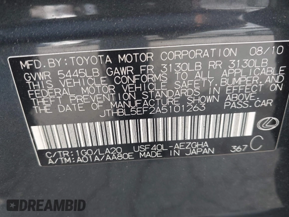 2010 Lexus LS 460 with VIN JTHBL5EF2A5101263, listed as a IAAI auction lot 42094168 with 264,870 mi miles and . Bid and sale history available at DreamBid. Image 9.