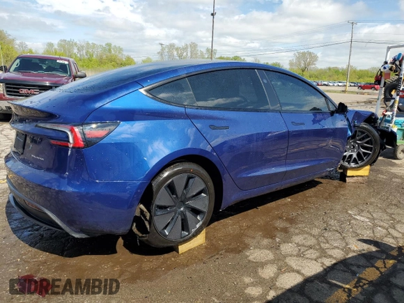 2025 Tesla Model 3 Long Range with VIN 5YJ3E1EB1SF950242, listed as a Copart auction lot 55609035 with 1,344 mi miles and Salvage title. Bid and sale history available at DreamBid. Image 3.