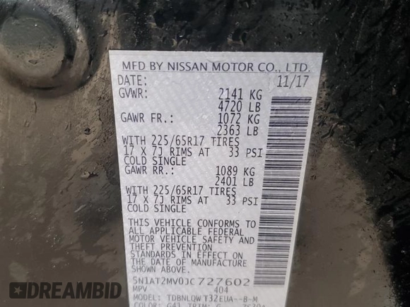 2018 Nissan Rogue SV with VIN 5N1AT2MV0JC727602, listed as a Copart auction lot 53875555 with 117,125 mi miles and Non Repairable. Bid and sale history available at carsss.com. Image 13.