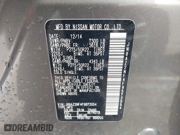 2015 Infiniti QX80 with VIN JN8AZ2NF4F9572054, listed as a IAAI auction lot 42369177 with 149,971 mi miles and . Bid and sale history available at DreamBid. Image 9.