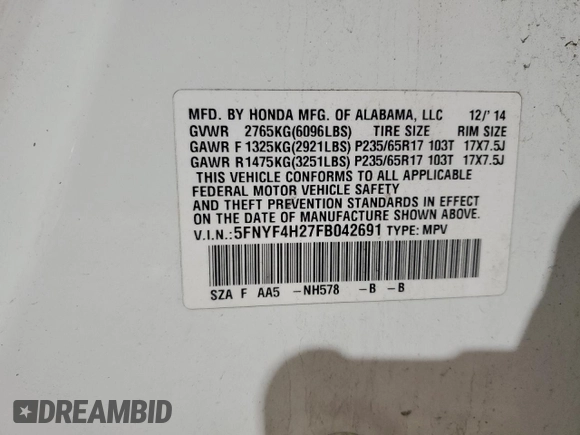 2015 Honda Pilot LX with VIN 5FNYF4H27FB042691, listed as a Copart auction lot 45349335 with 156,697 mi miles and Salvage Title. Bid and sale history available at DreamBid. Image 13.