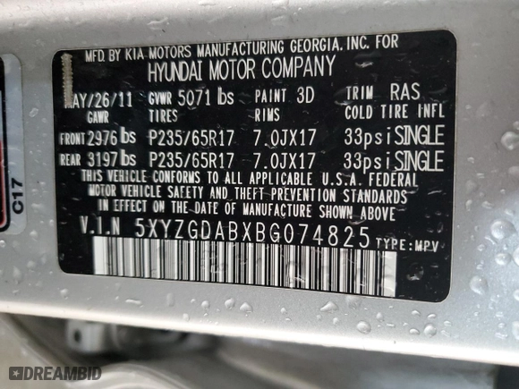 2011 Hyundai Santa Fe GLS with VIN 5XYZGDABXBG074825, listed as a Copart auction lot 44820685 with 201,148 mi miles and Salvage Title. Bid and sale history available at carsss.com. Image 14.