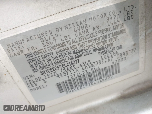2014 Nissan Note S with VIN 3N1CE2CP7EL414277, listed as a IAAI auction lot 42595961 with 236,519 mi miles and . Bid and sale history available at DreamBid. Image 9.