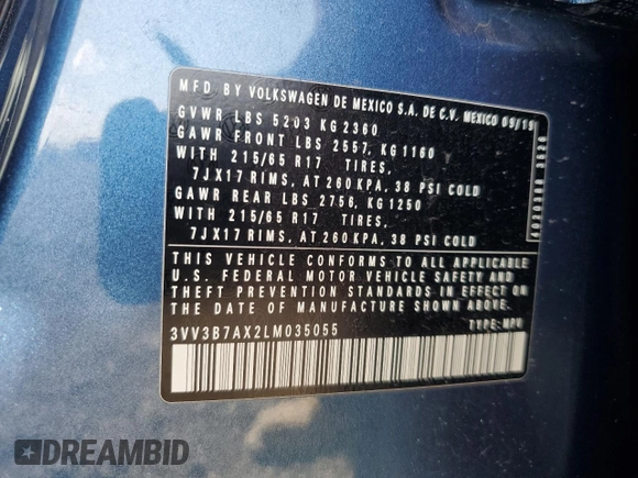 2020 Volkswagen Tiguan SE z VIN 3VV3B7AX2LM035055, wystawiony jako Copart lot #82392284 z przebiegiem 43 302 mil mil oraz Nie do naprawy • Non repairable. Historia ofert i sprzedaży dostępna na DreamBid. Obrazek 13.