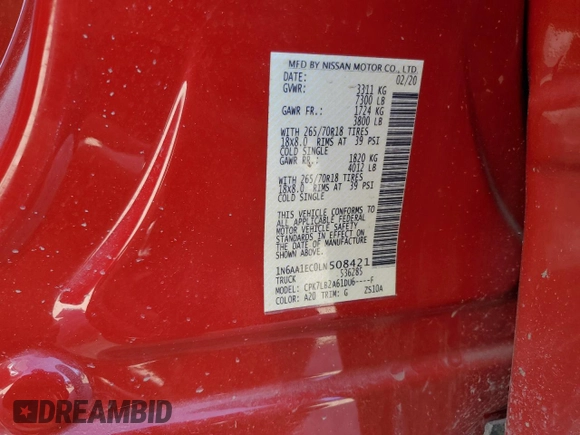 2020 Nissan Titan S with VIN 1N6AA1EC0LN508421, listed as a Copart auction lot 46728665 with 46,858 mi miles and Salvage title. Bid and sale history available at DreamBid. Image 12.