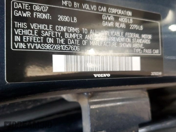 2008 Volvo S80 3.2L with VIN YV1AS982X81057606, listed as a Copart auction lot 75351104 with 178,363 mi miles and Clean Title. Bid and sale history available at carsss.com. Image 12.