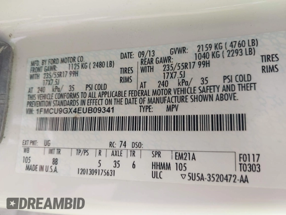 2014 Ford Escape SE with VIN 1FMCU9GX4EUB09341, listed as a IAAI auction lot 42398890 with 117,541 mi miles and . Bid and sale history available at DreamBid. Image 9.