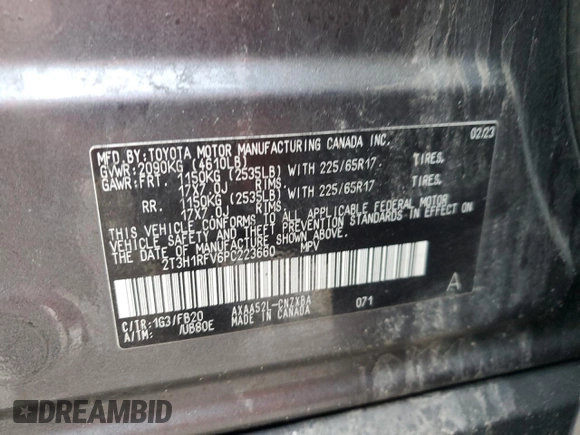 2023 Toyota RAV4 LE с VIN 2T3H1RFV6PC223660, выставлен на аукционе Copart как лот 59608865 с пробегом 43 486 миль миль и Чистый • Clean title. История ставок и продаж доступна на DreamBid. Изображение 13.