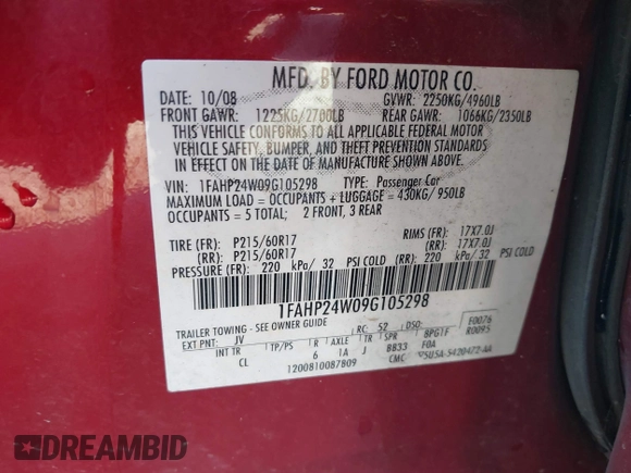 2009 Ford Taurus SEL with VIN 1FAHP24W09G105298, listed as a IAAI auction lot 41749070 with 148,199 mi miles. Bid and sale history available at carsss.com. Image 9.