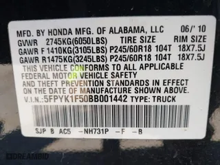 2011 Honda Ridgeline RTL with VIN 5FPYK1F50BB001442, listed as a IAAI auction lot 42023615 with 189,170 mi miles. Bid and sale history available at carsss.com. Image 9.