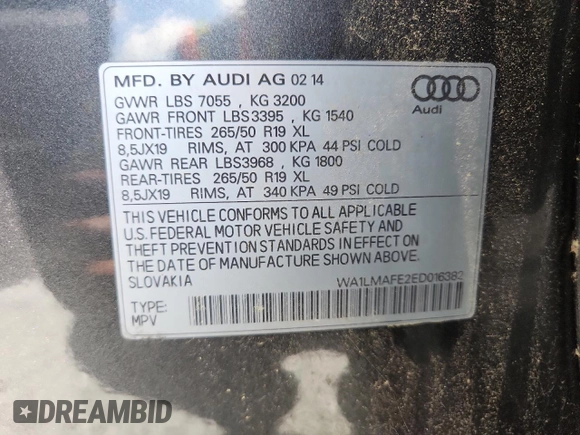 2014 Audi Q7 Premium Plus with VIN WA1LMAFE2ED016382, listed as a Copart auction lot 62724155 with 122,690 mi miles and Clean title. Bid and sale history available at DreamBid. Image 13.