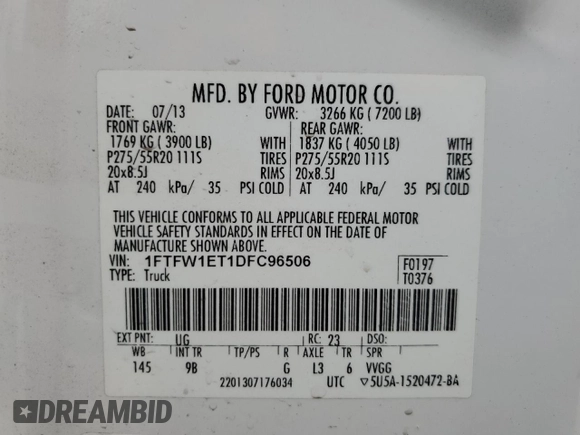 2013 Ford F-150 XL with VIN 1FTFW1ET1DFC96506, listed as a Copart auction lot 47706655 with 146,405 mi miles and Salvage Title. Bid and sale history available at carsss.com. Image 15.