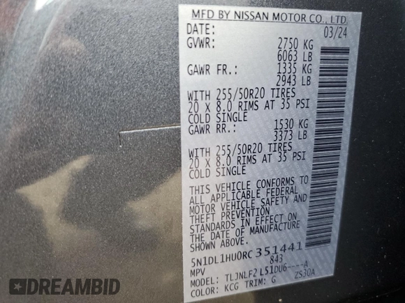 2024 Infiniti QX60 Autograph with VIN 5N1DL1HU0RC351441, listed as a Copart auction lot 63048824 with 6,953 mi miles and Salvage title. Bid and sale history available at DreamBid. Image 14.